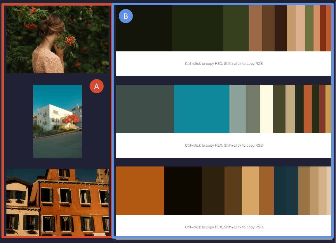 Color theme preview with areas A and B
