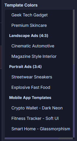 Template list showing 6 design types with 15 templates