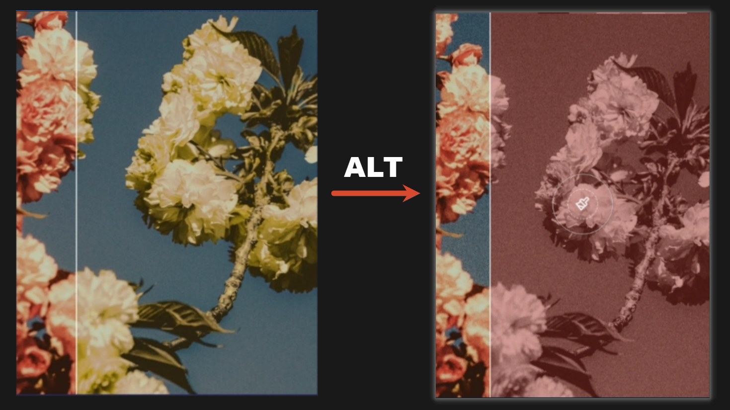Mask mode with red overlay showing adjustment areas